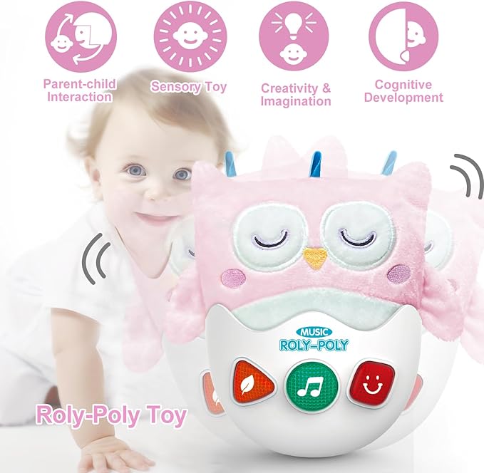Baby Toys 0-6-12 Months, Plush Owl Stuffed Animal Musical Toys with Light & Sounds, Infant Roly-Poly Sensory Toy, Baby Shower Birthday Valentines Day Easter Egg Gift for Newborn Boys & Girls