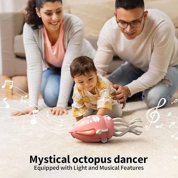 Electric Dancing Octopus Toy with Led Light and Music, Kids Electric Crawling Octopus Tummy Time Toys, Rechargeable Interactive Sensory Toys for Christmas Birthday Gift (Pink)
