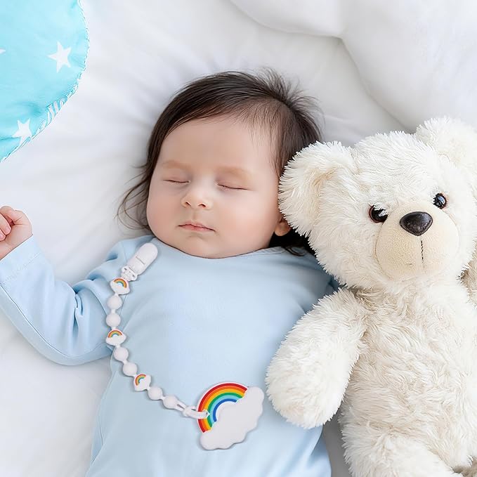 Cute Animal Baby Food Grade Silicone Teether Toy with One Piece Design Pacifier Clip Holder,Teething Pain Relief Toys Gift Set for 3 Months+ Boys and Girls,Freezer Safe,BPA Free (Rainbow)