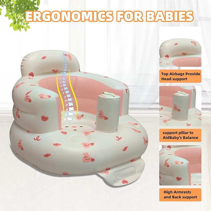 AGITVPS Upgrade Inflatable Baby Seat with Tray for Babies 3-36 Months, Built in Air Pump Bumbo Seat with Tray, Baby Chair Sit Me up Floor Seat for Baby, Learning to Sit&Feeding (Pillar-Love Bunny)