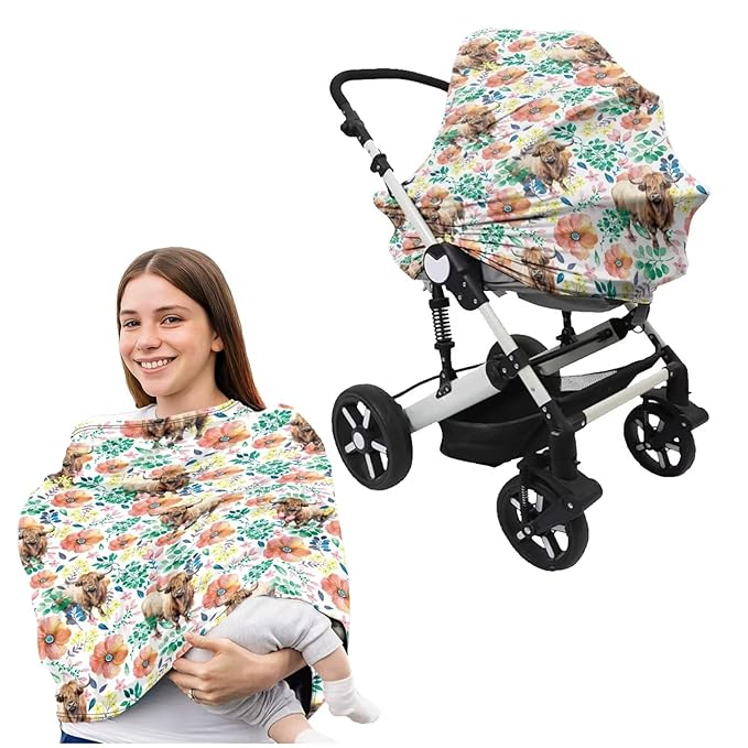 Highland Cow Baby Car Seat Canopy Nursing Cover with Pillowcase for Breastfeeding Multi-use Infant Carrier Car Seat Protectors for Newborn Girls Boys