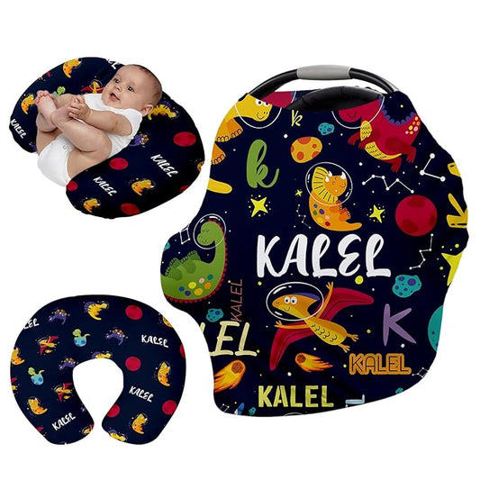 Custom Name Car Seat Canopy - Baby Car Seat Covers, Infant Stroller Cover, Black Dinosaur Print Carseat Canopy Christmas Birthday Gifts for Girls and Boys(27"x29")