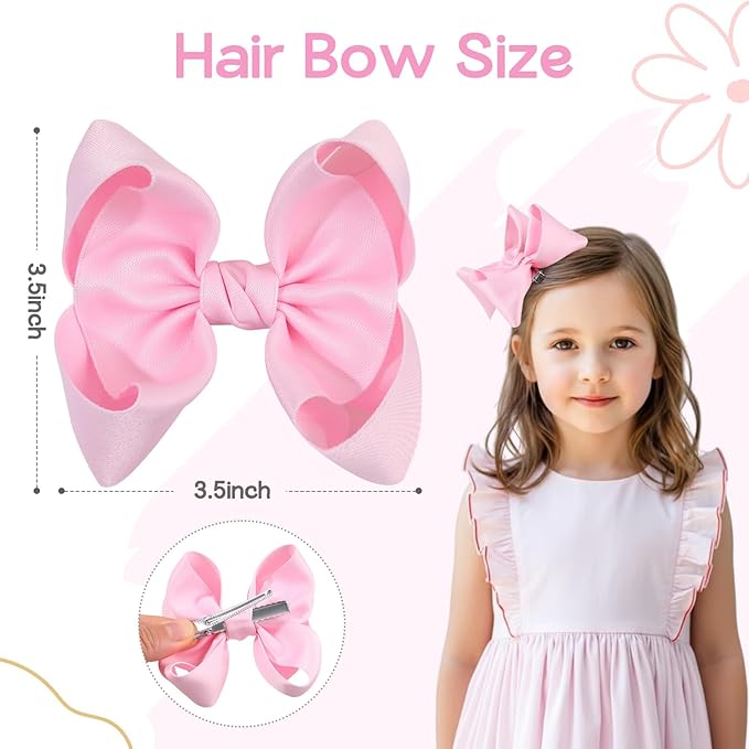 OAOLEER 2PCS 3.5inch Hair Bows for Girls，Pink Stain Ribbon Hair Bows Alligator Clips Hair Accessories for Back To School Teen Toddler Girls Kids (Pink)