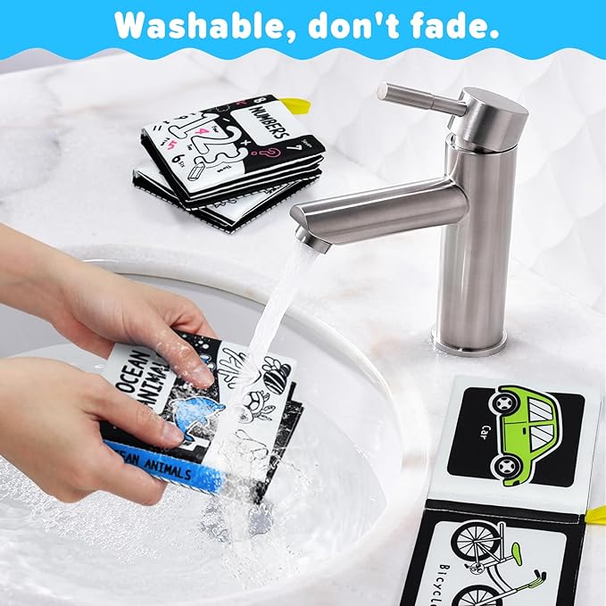 OKOOKO 12PCS Soft Baby Books Black and White High Contrast Soft Cloth Bath Books Crinkle Washable Non-Toxic Early Education Preschool Learning Toy for Newborns Babies Infants Toddlers Kids