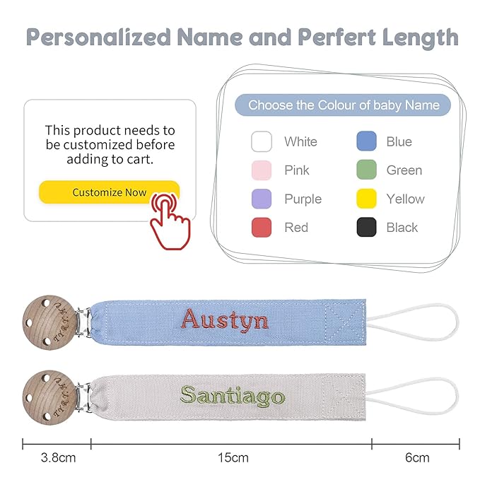 TYRY.HU Personalized Pacifier Clip with Name, Embroidery Webbing Pacifier Holder for Baby Girls and Boys, Neutral Pacifier Leash Universally Fit All Pacifiers, 2 Pack Baby Gift(Grey, Blue)