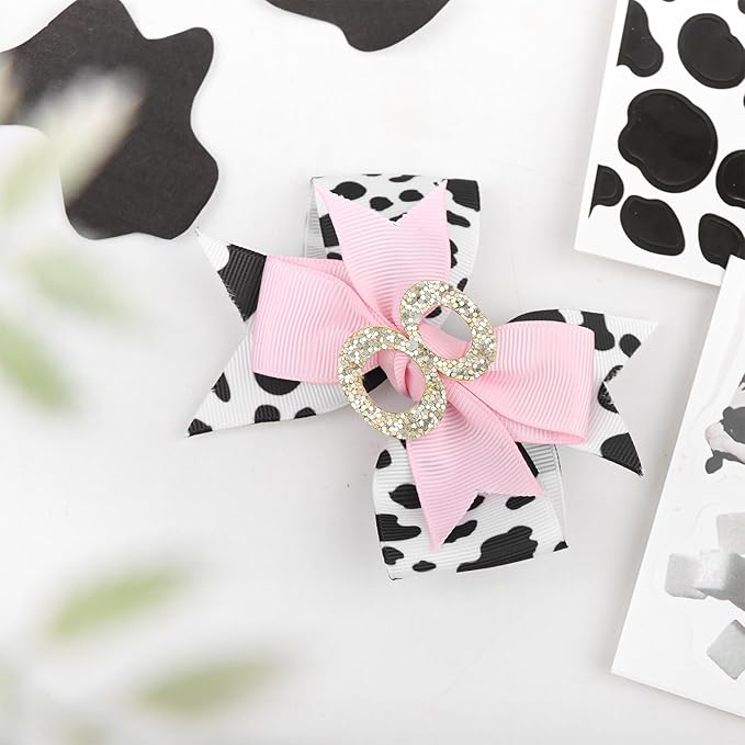 YanJie 4'' Baby Girl Birthday Hair Bow for 8 Year Old Girls Cow Print Glitter Pink Toddler Hair Clips Hair Accessories Birthday Bows for Eight Years