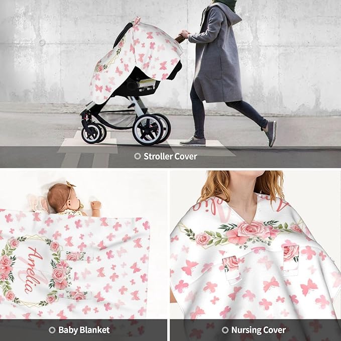Customized Baby Car Seat Cover with Name, Personalised Butterfly Baby Carseat Canopy for Girls, Multi-use Nursing Breastfeeding Covers for Infant Newborn, Shower Gifts for Babies
