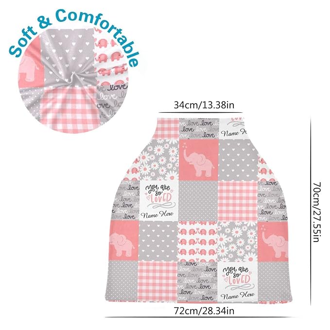 Personalized Baby Car Seat Cover for Boys Girls, Custom Nursing Covers for Breastfeeding with Name, Infant Stroller Cover, Baby Carseat Canopy for Newborn, Multiuse Car Seat Canopies, Elephant Pink