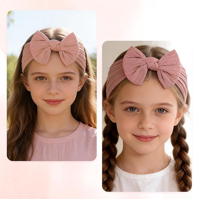 baotongle 3pcs Baby Girls Headbands Soft Stretchy Nylon Hair Bands Hair Accessories with Bows for Newborn Baby Girls Infant Toddlers Kids(Blush Pink,Dusty Rose，Magenta, 5.7inches)