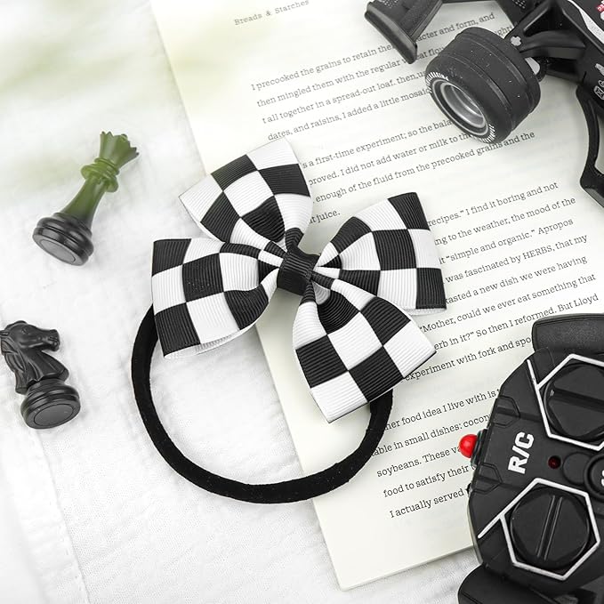 Black Hair Bows for Girls Racing Checkered Baby Bow Checkered Flag White Bow Elastic Nylon Headband for Infant Toddler Newborn Hair Accessories Gift