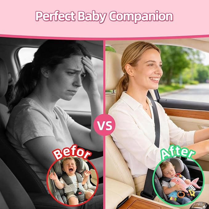 Pull Musical Toys for Car Seat 6-12 Months, Travel Sensory Toy 3-6 Months, Montessori Plush Toys for Roadtrip with Teether Crinkle Textures Clackers Squeaky Pulling Cords Newborn Infant Valentine Gift