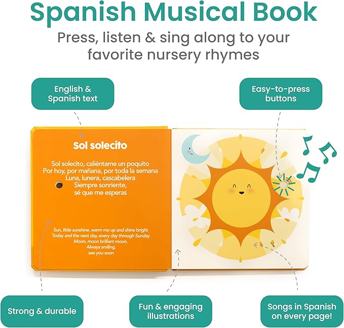 Binibi Sol Solecito – Bilingual Musical Sound Book for Toddlers 1–3, Spanish Nursery Rhymes & Play Songs, Interactive Board Book. Libro en Espanol para bebés.
