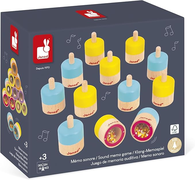 Janod Sensory Game Memo - 12 Sound Blocks with 6 Sounds to Be Combined in Pairs - Develops Hearing and Hearing Memory - Awaken Senses - Wooden Toy - from 3 Years - J05309, J05309, Multi-Coloured