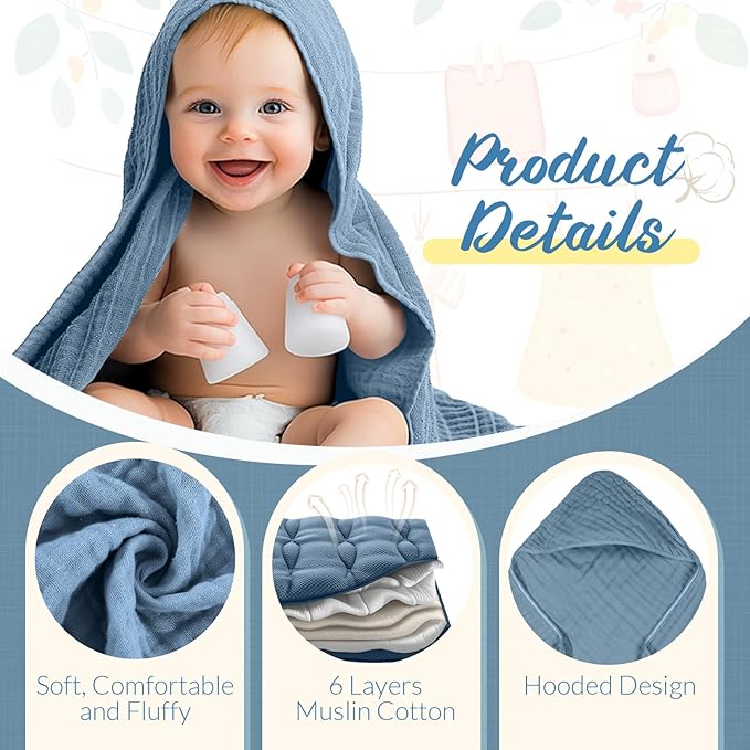 VitalCozy 8 Pcs Baby Muslin Hooded Bath Towels and Washcloths, Muslin Hooded Baby Towels Absorbent Blankets for Gift Newborn Infant Shower (Blue,White)