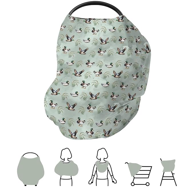 Vintage Mallard Duck Car Seat Cover for Babies Hunting Duck Green Leaves Stretchy 5-in-1 Cover Adjustable Infant Carseat Canopy Cover Wild Duck Animal Breathable Nursing Cover-Up