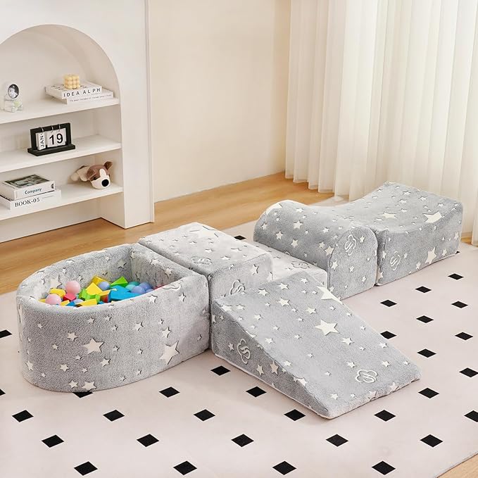 Tiita Baby Climb and Crawl Playset 5-Piece, Kids Foam Climbing Block with Small Ball Pit - Indoor Soft Play Climber for Playtime Fun, Grey Star