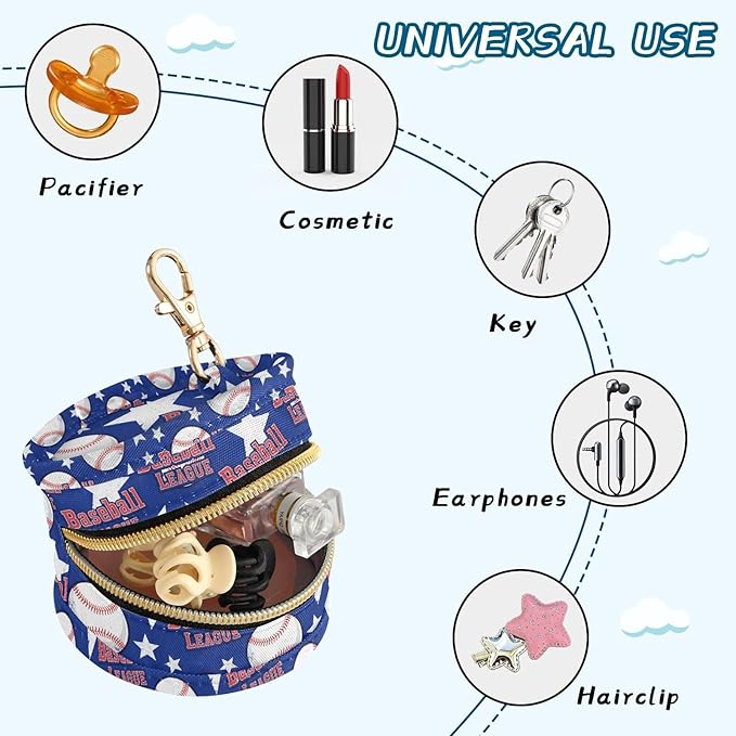 Baseball Stars Blue Print Pacifier Holder Case for Diaper Bag Portable Travel Pacifier Storage Case with Clip Newborn Baby Pouch for Baby Boys Girls Purse Outdoor