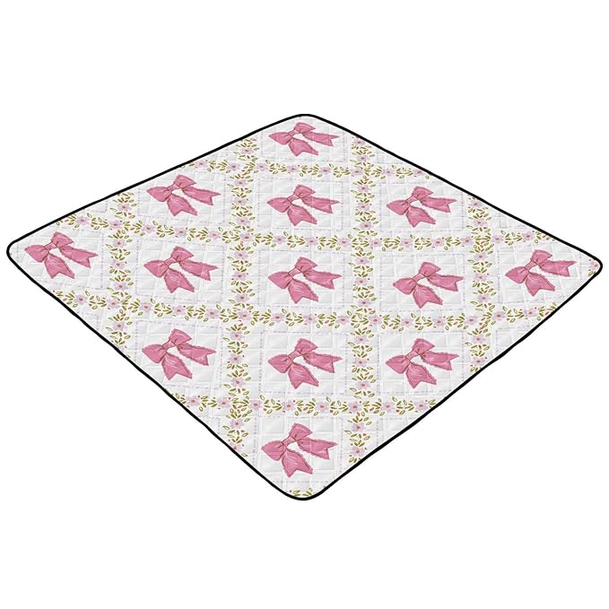 Baby Play Mat Bows Small Flowers Checkered Pink 50 x 50 Playpen Mat Baby Play Mats for Floor Play Gym Crawling Mat Non-Slip Cushioned Baby Playmat for Infants, Babies, Toddlers