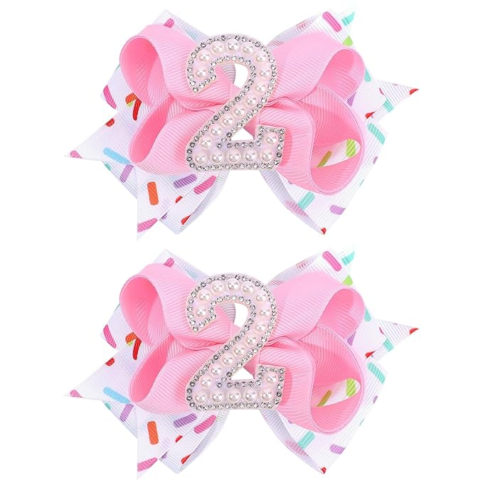 2PCS Hair Bows for Baby Girls Birthday - 2nd Birthday Hair Bow Sweet Theme with Ice Cream Party, Pink Hair Accessories for Baby Toddler 1 2 3 4 5 6 Years, Outfit & Decorations