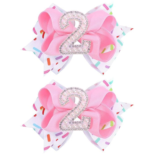 2PCS Hair Bows for Baby Girls Birthday - 2nd Birthday Hair Bow Sweet Theme with Ice Cream Party, Pink Hair Accessories for Baby Toddler 1 2 3 4 5 6 Years, Outfit & Decorations