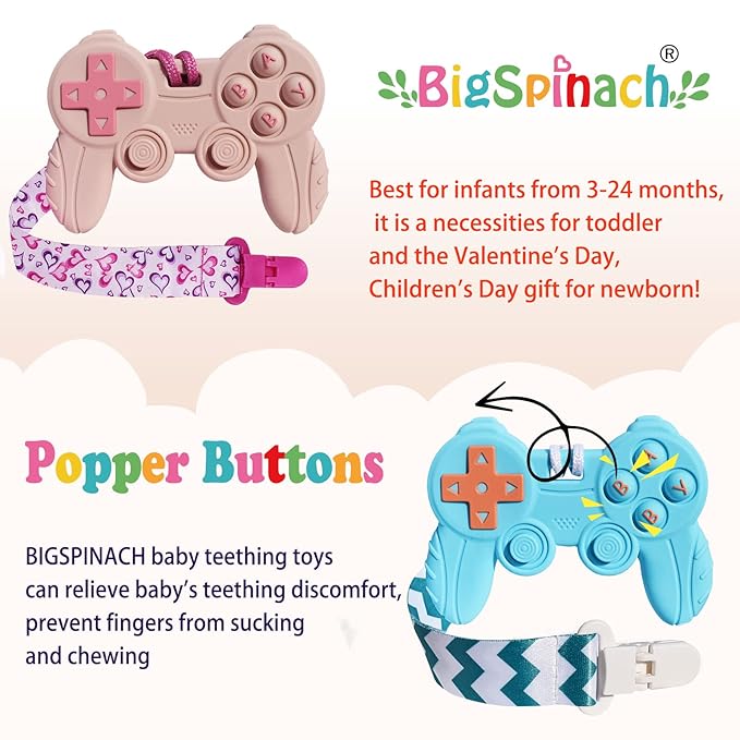 BIGSPINACH Baby Video Game Controller Teether Toy Funny Baby Teething Toys for Babies Gamer Controller (Pink)