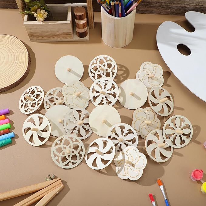 Toyvian 40 Piece Wooden Spinning Tops Fidget Crafts Party Favors for Kids 4-8 - Unfinished Wood DIY Gyroscope Bulk Kids Toys