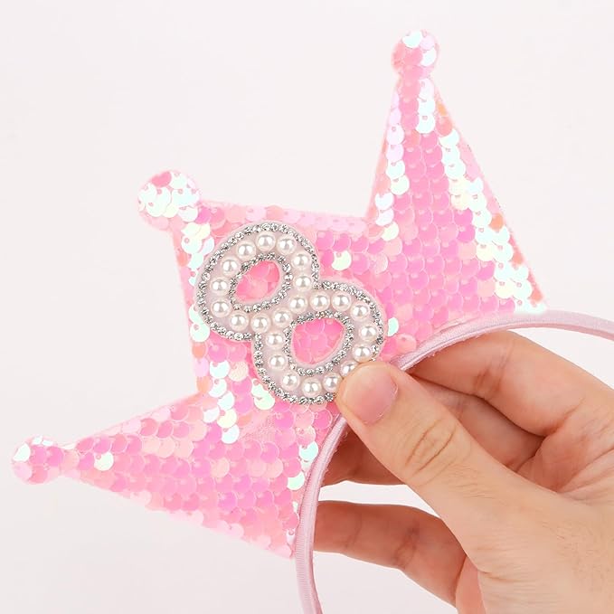 Birthday Crown Headband Pink Glitter Headbands for Girls Gifts for 8 Year Old Girls 8th Birthday Decorations