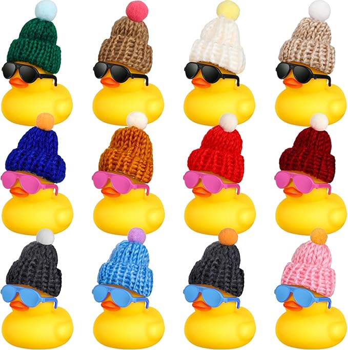 Chivao 12 Pcs Mini Rubber Ducks with Sunglasses/ Glasses and Hats/ Necklace, Cruise Rubber Ducks in Bulk Valentine Gift Small Bathtub Toy for Hiding Party Favor(Lovely Style,Yellow)