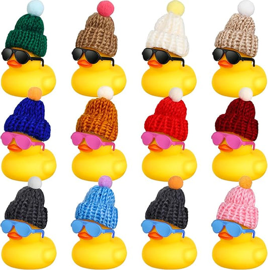Chivao 12 Pcs Mini Rubber Ducks with Sunglasses/ Glasses and Hats/ Necklace, Cruise Rubber Ducks in Bulk Valentine Gift Small Bathtub Toy for Hiding Party Favor(Lovely Style,Yellow)