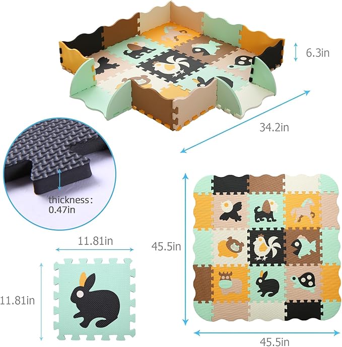 Foam Play Mat for Kids，25Pcs Square Interlocking Puzzle Floor Mat，Baby Play Mat Floor Mat Foam Puzzle Playmat for Toddlers with Fence（Animal-CSH005