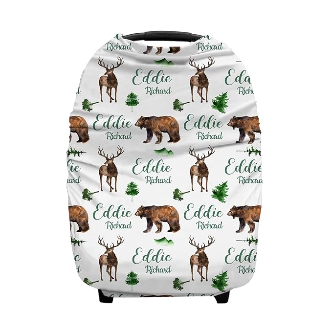 Personalized Baby Car Seat Cover for Boy Girl, Custom Woodland Deer Bear Nursing Covers for Breastfeeding with Name, Infant Stroller Cover, Baby Carseat Canopy for Newborn, Multiuse Car Seat Canopies