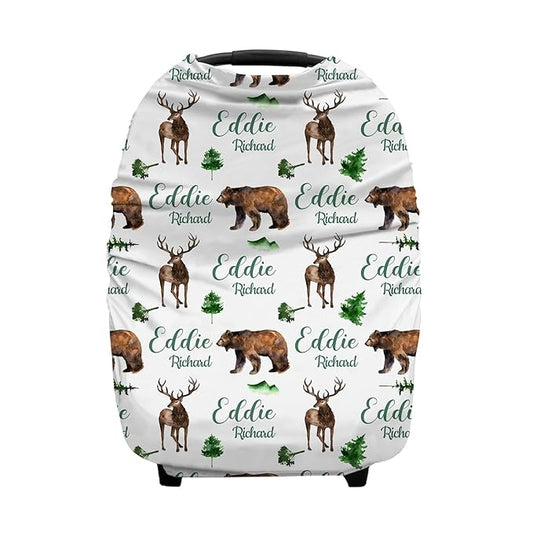 Personalized Baby Car Seat Cover for Boy Girl, Custom Woodland Deer Bear Nursing Covers for Breastfeeding with Name, Infant Stroller Cover, Baby Carseat Canopy for Newborn, Multiuse Car Seat Canopies