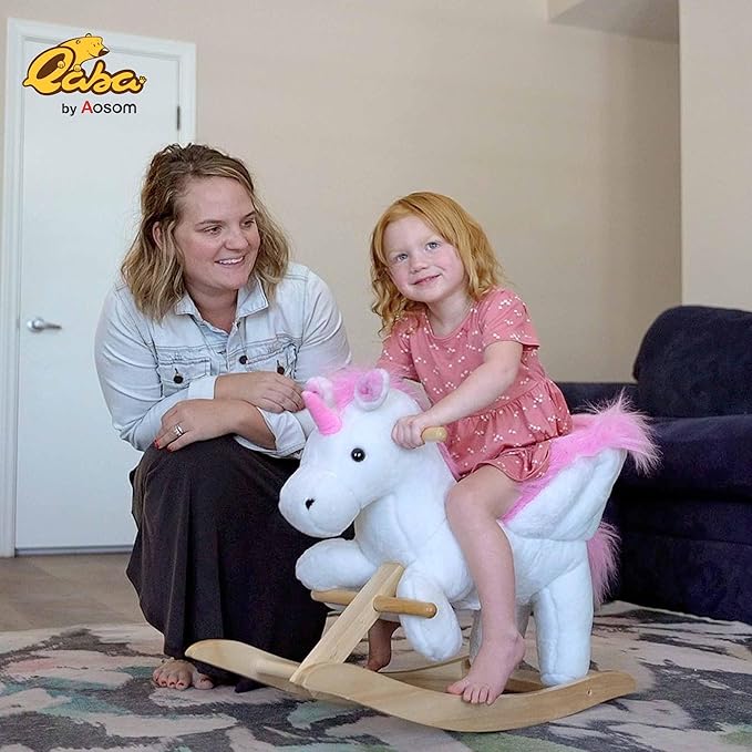 Qaba Unicorn Baby Rocking Horse Toy for Kids with Lullaby Song, Plush Ride on Horse with Heavy-Duty Support System, Interactive Toy Pretend Play Toy for Toddlers 18-36 Months