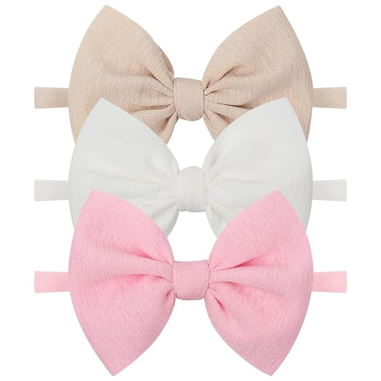 YanJie Baby Girls 4.5" Nylon Headbands, Handmade Hair Bows Hairbands Hair Accessories for Newborn Infant Toddlers Kids, 3 Pieces, Light Pink/White/Beige