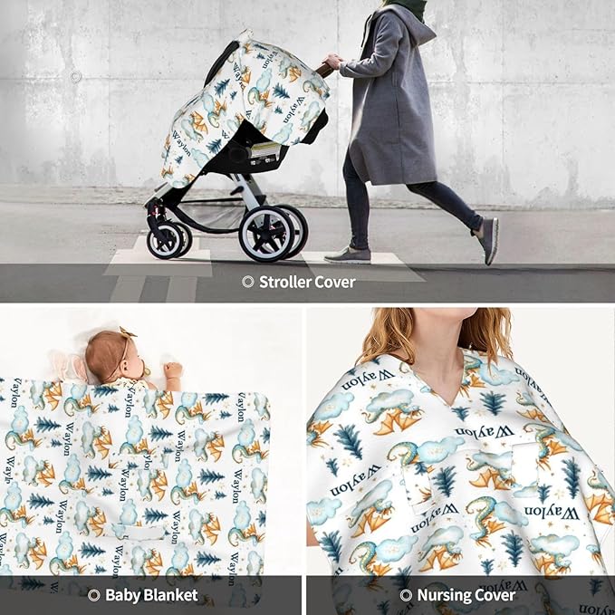 Personalised Dragon Baby Car Seat Cover for Boys, Customized Babies Carseat Covers with Name, Windproof Sun Protection Baby Carseat Canopy, Multi-use Nursing Breastfeeding Covers for Infant