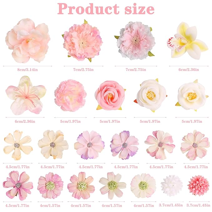 Leery 20 PCS Boho Flower Hair Clips for Women - Rose Hair Barrettes, Wedding Hairpins, Bridal Headpiece, Hawaiian Silk Floral Clips (Pale Pink‌)