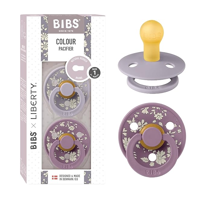BiBS Liberty Pacifier 2-Pack, BPA Free Pacfiers with Natural Latex Round Nipple, Made in Scandinavia, Size 1 (0-6 Months), Capel Fossil Grey
