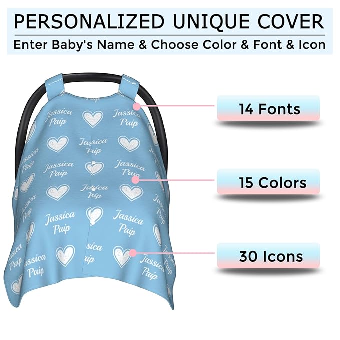 Personalized Baby Car Seat Cover Canopy with Name & Icon for Girls Boys Custom Baby Carrier Covers