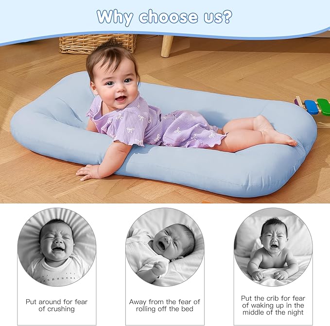 Lucakuins Baby Lounger for Newborn, 0-24 Months, Bionic Design Infant Lounger for Home and Travel, Soft Organic Cotton, Newborn Babies Essentials Gifts (Pure Greyblue Baby Lounger)