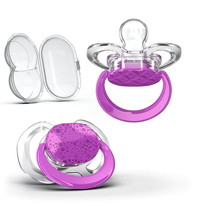 Smilo Baby Pacifier - 2 Pack of Slimline Pacifiers for Babies with Sterilization Box - Stage 1 for Babies 0-3 Months - 100% Silicone Newborn Pacifiers BPA Free - Plum Purple
