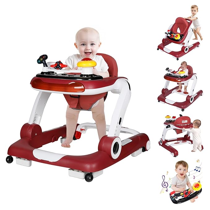 Kinder King Baby Walker with Music & Lights, 5 in 1 Baby Activity Walker with Wheel, Adjustable Height & Seat, Learning-Seated & Toddler Walk-Behind, Safety Bumper, Infant Walker Anti-Rollover, Red