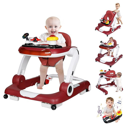 Kinder King Baby Walker with Music & Lights, 5 in 1 Baby Activity Walker with Wheel, Adjustable Height & Seat, Learning-Seated & Toddler Walk-Behind, Safety Bumper, Infant Walker Anti-Rollover, Red