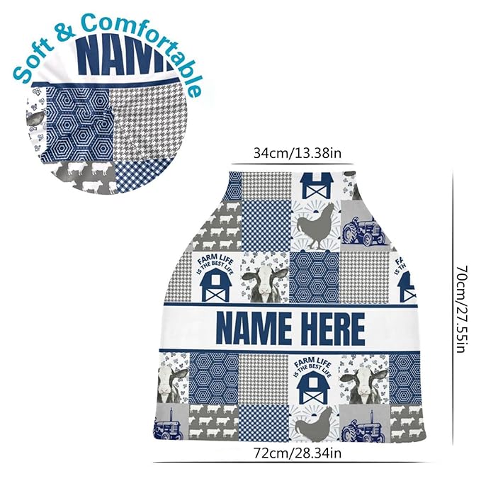 Personalized Cute Cow Blue Baby Car Seat Cover for Babies with Name, Custom Farm Theme Baby Car Seats Canopy for Boys Girls, Nursing Breastfeeding Stroller Covers Infant Car Seat Blanket for Newborn
