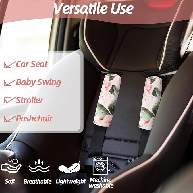 Baby Car Seat Strap Pads, Car Seat Strap Shoulder Covers for Baby Infant Toddler, Double-Sided Car Seat Belt Covers for Stroller/Pushchair/Baby Swing, Soft Flannel, Pink Floral