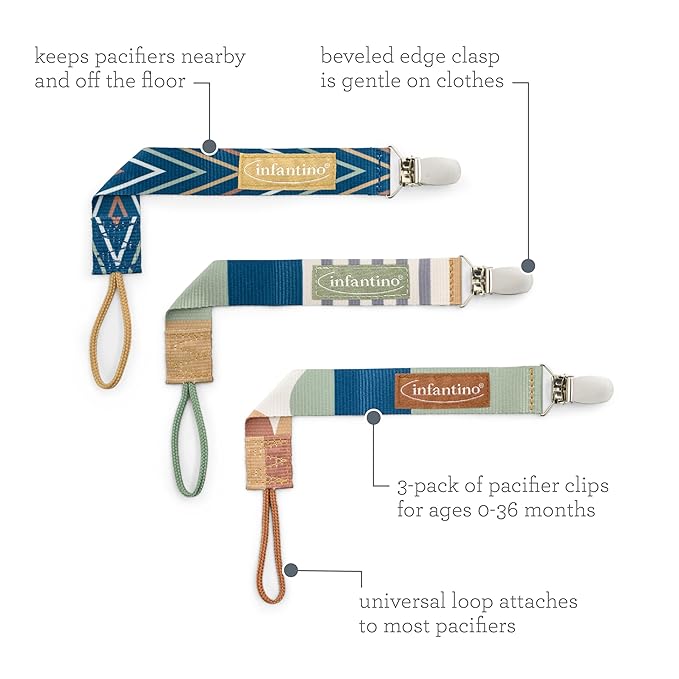 Infantino 3-Pack Pacifier Clip Holders, Universal Fit, Gentle on Clothes, Keeps Pacifiers Clean & Close, Ages 0-36 Months, Geometric Blue