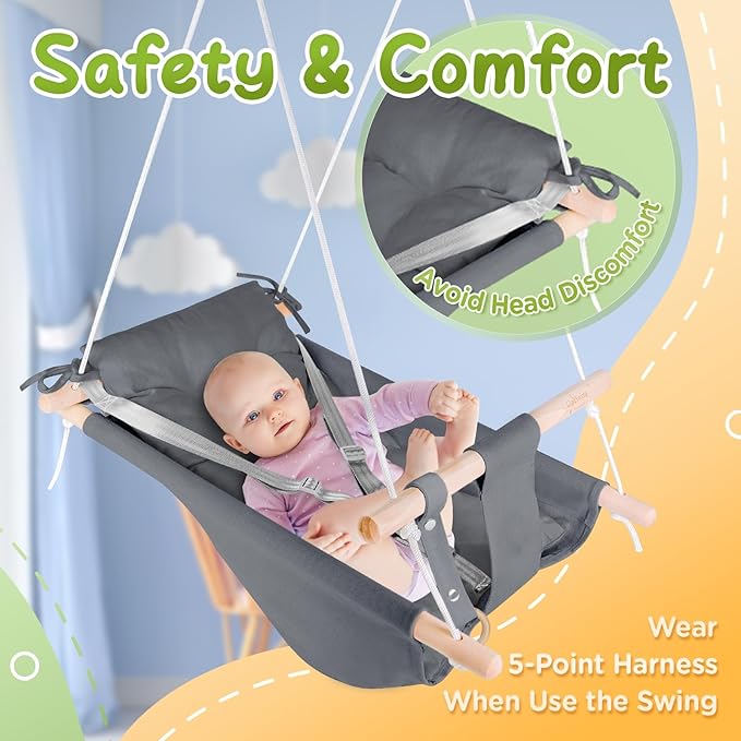 Baby Swing for Infants to Toddlers,Indoor Outdoor Wooden Hanging Swing Seat with Safety Belt and Mounting Hardware, Suitable for Ages Up to 3,Grey