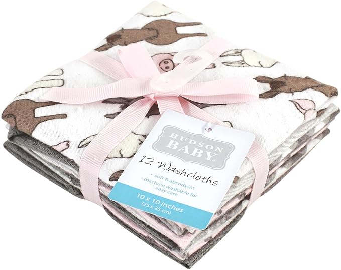 Hudson Baby Unisex Baby Flannel Washcloths, Farm Friends Pink 12Pk, One Size