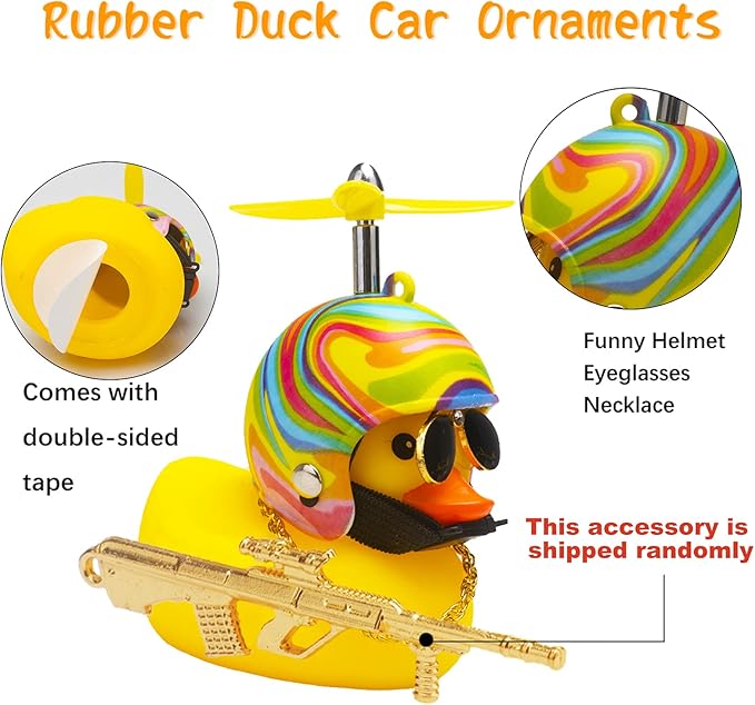 wonuu Rubber Duck Car Ornaments Cool Yellow Duck Car Dashboard Decorations Squeaky Glasses Duck with Propeller Helmet for Car ccessories Dashboard (Rainbow-Yellow G)