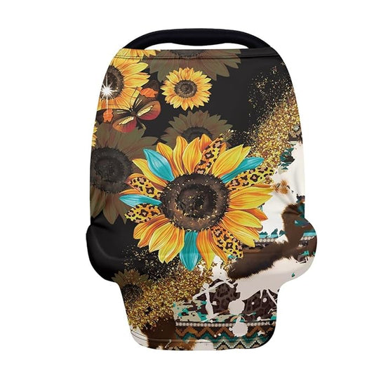 Wanyint Sunflower Cow Print Car Seat Covers Canopy Covers for Babies,Added Privacy for Breastfeeding,Baby Car Seat,Breathable Nursing Cover for Carrier Stroller