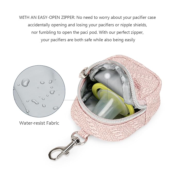 MOMIGO Pacifier Case Bag - Pacifier Holder with Clip for Diaper Bag Stroller Purse Charm, Holds 2 Pacifiers Outdoor Travel (Pink)